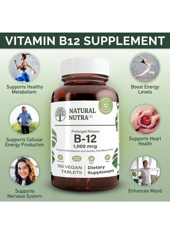 Natural Nutra Vitamin B12 1000 mcg, Cobalamin B 12 Supplement, Calcium Phosphate, Help in Metabolism Health, Optimal Absorption, Gluten Free, Sugar Free, 100 Vegan Tablets  - Image 3