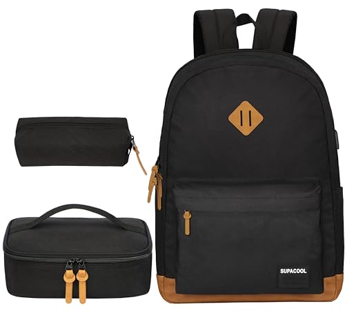 SUPACOOL Casual Laptop Backpack, Lunch bag, Pencil bag, School backpack with USB Port for Men and Women, Bookbag for Boys and Girls, Backpack Set(3PCS Black) - Image 1