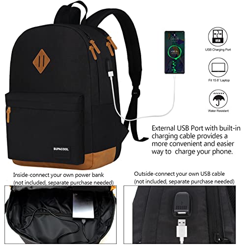 SUPACOOL Casual Laptop Backpack, Lunch bag, Pencil bag, School backpack with USB Port for Men and Women, Bookbag for Boys and Girls, Backpack Set(3PCS Black) - Image 5