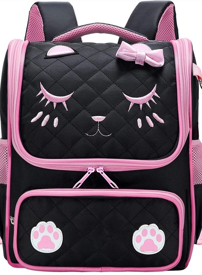 FEWOFJ Cute Cat Face Backpacks for Teen Girls, Kids Backpack for Toddler Girl Preschool Bookbags Elementary School Bags - Black  - Image 1