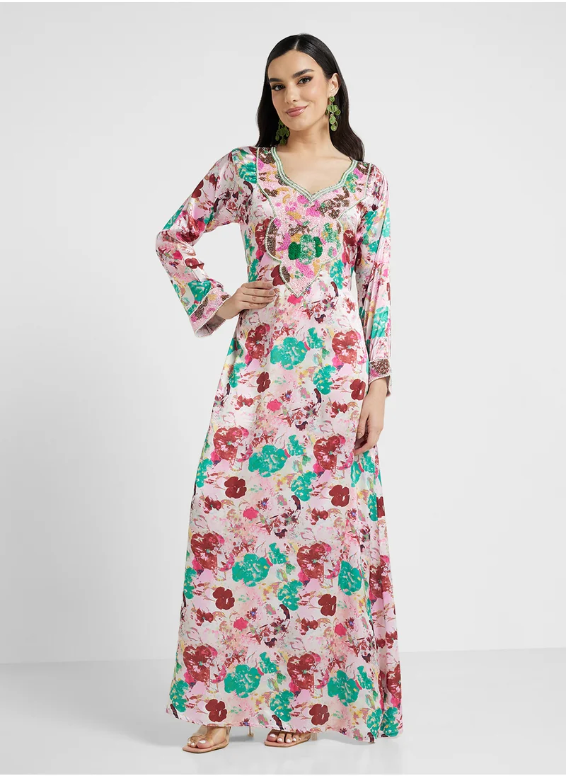ARABIAN CLOSET Embellished Belted Jalabiya