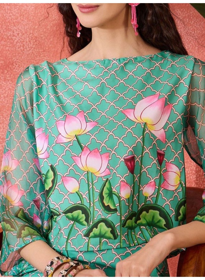 AKS Green Pichwayi Art Silk Co Ord Set  - Image 2