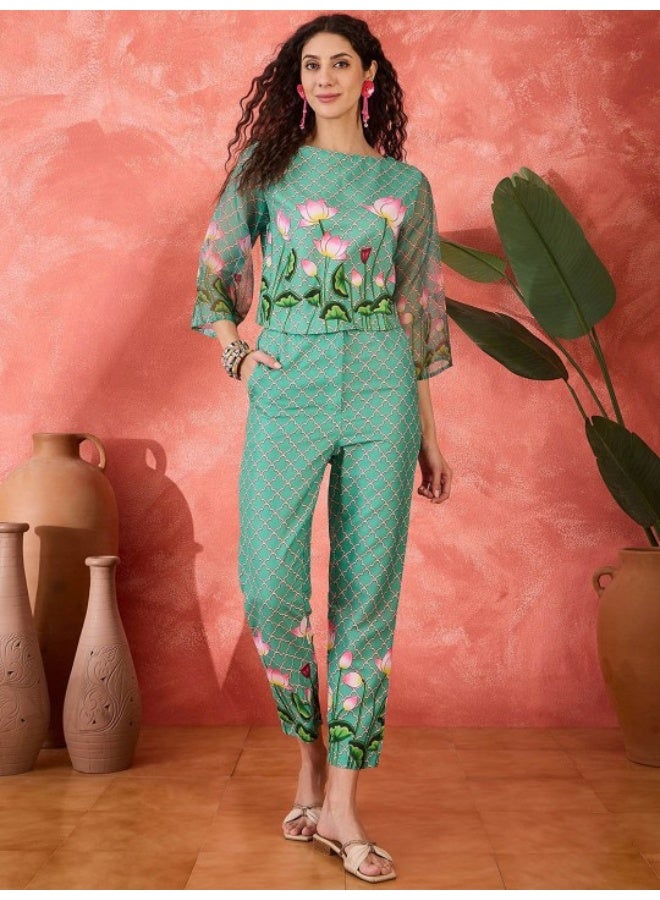 AKS Green Pichwayi Art Silk Co Ord Set  - Image 1