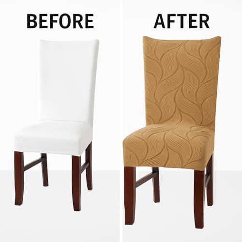 Styleys Stretch Jacquard Dining Chair Covers – Removable Washable Slipcovers for Parsons Chairs – Anti-Slip, Wrinkle-Resistant, Elegant Fit (Pack of 6, Khaki, V23) - Image 5