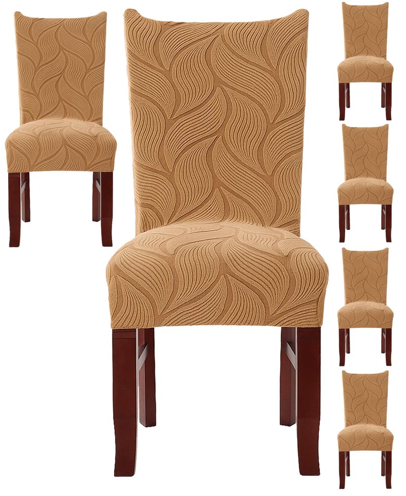 Styleys Stretch Jacquard Dining Chair Covers – Removable Washable Slipcovers for Parsons Chairs – Anti-Slip, Wrinkle-Resistant, Elegant Fit (Pack of 6, Khaki, V23) - Image 1