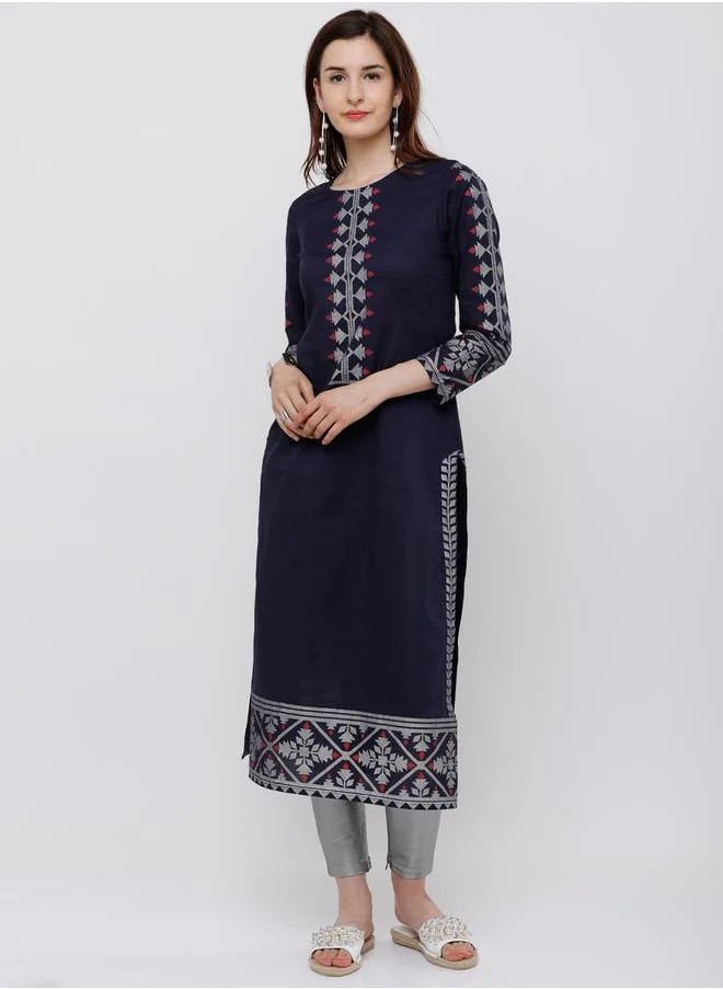 Vishudh Vishudh Women Navy Blue Yoke Design Straight Kurta by Styli