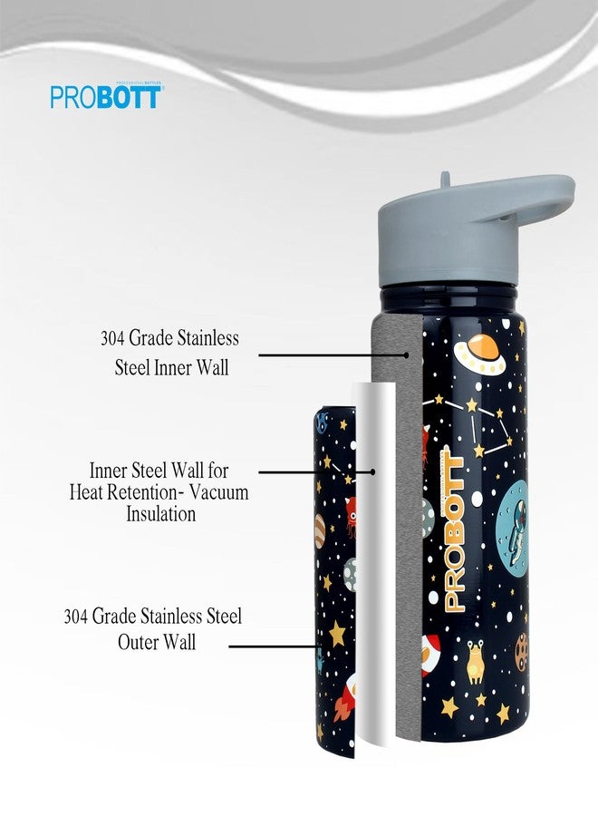 PROBOTT Space 480ml Stainless Steel Double Wall Vacuum Flask for 3-5 Yrs Kids | Hot and Cold Water Bottle with 3D Print, Black | Perfect for Toddlers | Leakproof - Image 3