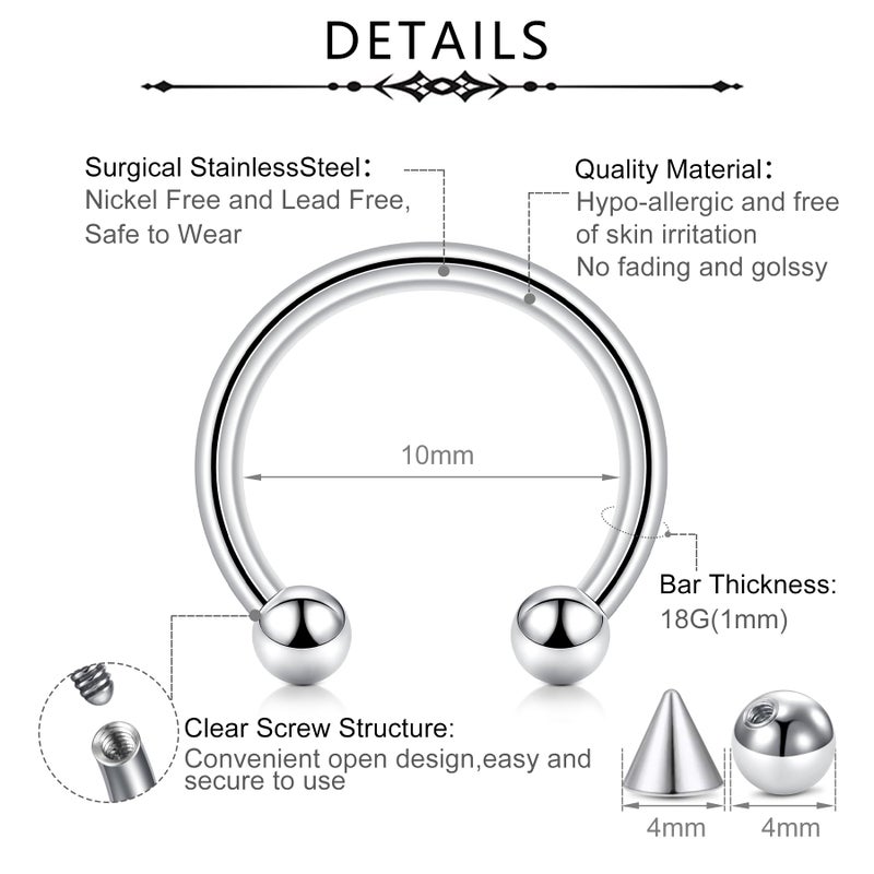 D.Bella 16G 10mm Surgical Steel Nose Septum Horseshoe Hoop Eyebrow Lip Navel Belly Nipple Piercing Ring 10mm Helix Tragus Daith Rook Earrings Replacement Spikes - Image 2