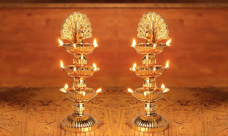 Nabhya نابها 15 عميق طاووس 3 طبقات ضوء ديا كهربائي لزينة معبد البوجا في المنزل مصباح أرز LED لعيد ديوالي ودوسهرا طاووس 15 عميق عبوة من 2 - Image 1