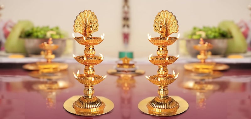 Nabhya نابها 15 عميق طاووس 3 طبقات ضوء ديا كهربائي لزينة معبد البوجا في المنزل مصباح أرز LED لعيد ديوالي ودوسهرا طاووس 15 عميق عبوة من 2 - Image 4