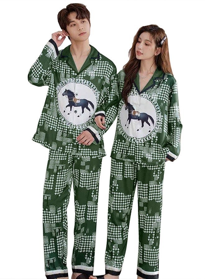 MARGOUN XL Size Men,XXL Size Women, Couple Pajamas Set, Horse Print Nightwear Home Clothes for Men Women Green / MG13 - Image 4