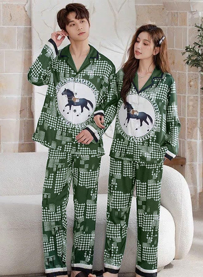 MARGOUN XL Size Men,XXL Size Women, Couple Pajamas Set, Horse Print Nightwear Home Clothes for Men Women Green / MG13 - Image 1