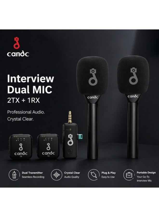 candc Dual Wireless Interview Microphone 2TX + 1RX – Portable Plug & Play Mic for Smartphones, Clear Audio Recording - Image 1