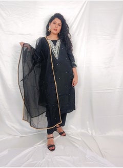 PRIYA’S PANACHE PRIYA'S PANACHE Black Silk Straight Kurta Pant Set with Elegant Organza Dupatta.  - Image 3