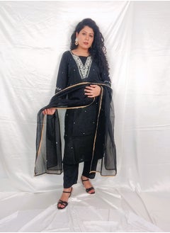 PRIYA’S PANACHE PRIYA'S PANACHE Black Silk Straight Kurta Pant Set with Elegant Organza Dupatta.  - Image 2