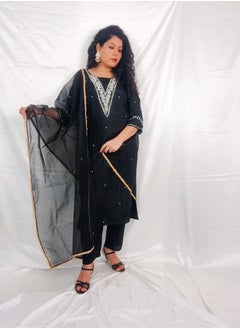 PRIYA’S PANACHE PRIYA'S PANACHE Black Silk Straight Kurta Pant Set with Elegant Organza Dupatta.  - Image 4