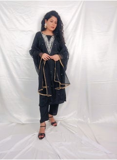 PRIYA’S PANACHE PRIYA'S PANACHE Black Silk Straight Kurta Pant Set with Elegant Organza Dupatta.  - Image 5