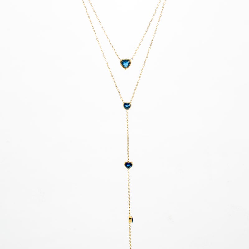 سلسلة أستانليس ستيل ذهبي 2 دور شكل قلب زيركون أزرق - Image 2