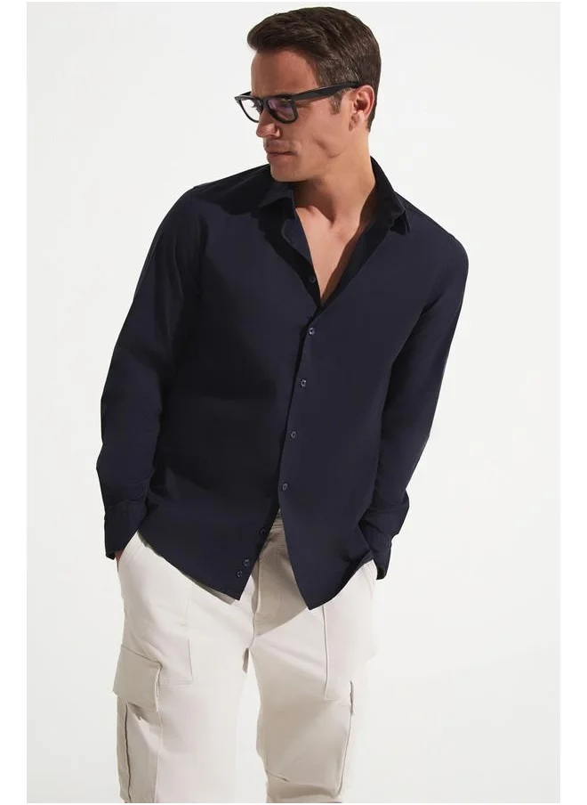 JUNE June Exclusive Men Long Sleeve Slim Fit Shirt Navy