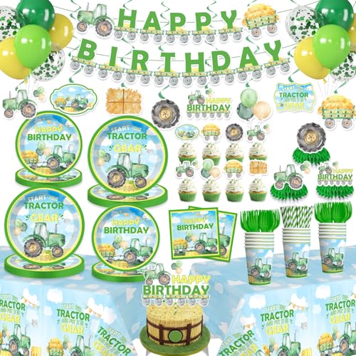 Yingoto 201Pcs Tractor Birthday Decorations Tableware Set Tractor Party Decorations Include Banner Plates Tablecloth and Cake Toppers Etc for Tractor Birthday Party Supplies Serves 25 Guests - Image 1