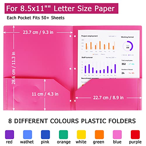 Tamaki 8 Pack Colored Plastic Folders Durable Heavy Duty File Folders with 2 Pockets Poly 3 Hole Punched 2 Pocket Folders for School for School Office - Image 3
