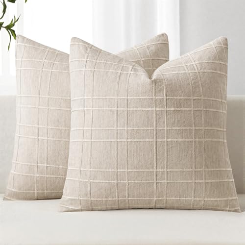 MIULEE Decorative Linen Check Euro Shams Throw Pillow Covers Neutral Farmhouse Vintage Pillow Covers 24x24 Set of 2 Boho Modern Home Decor for Sofa Couch Bedroom Cushion Natural Beige - Image 1