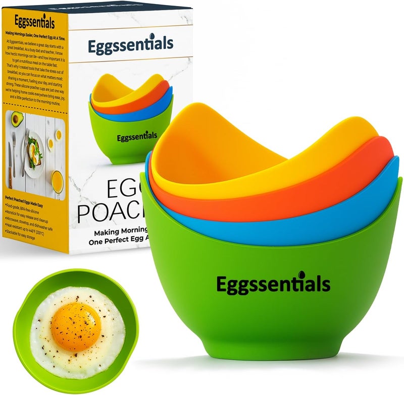Eggssentials - Poached Egg Cups - Pack of 4 - BPA Free Silicone Egg Poacher Cups - Nonstick Poached Egg Cooker for Microwave, Stovetop, Baking – Easy to Clean Poaching Pods for Perfect Eggs - Image 1