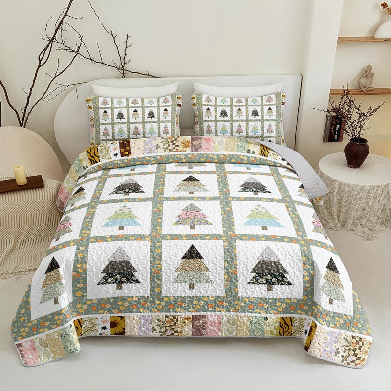 Tuzaovy Floral Tree Quilt Set Queen Size,Patchwork Bed Cover Set for Kids and Adults Room Decor,Tree Printed Quilt Bedding,Unique Bedspread Sets Modern Bedroom Decor for Kids and Adults - Image 1