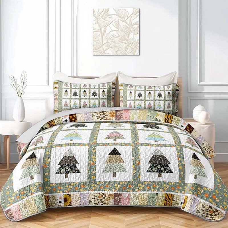Tuzaovy Floral Tree Quilt Set Queen Size,Patchwork Bed Cover Set for Kids and Adults Room Decor,Tree Printed Quilt Bedding,Unique Bedspread Sets Modern Bedroom Decor for Kids and Adults - Image 3