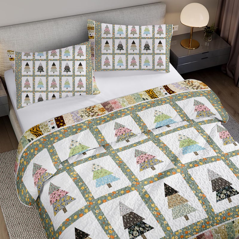 Tuzaovy Floral Tree Quilt Set Queen Size,Patchwork Bed Cover Set for Kids and Adults Room Decor,Tree Printed Quilt Bedding,Unique Bedspread Sets Modern Bedroom Decor for Kids and Adults - Image 4