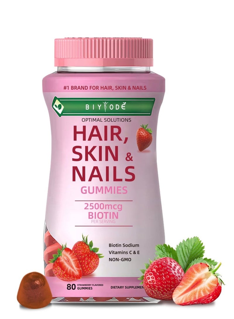 Hair Skin & Nails Gummies - Strawberry Flavored Multivitamin for Stronger Hair, Glowing Skin & Healthy Nails - 80 Vegan Gummy Vitamins