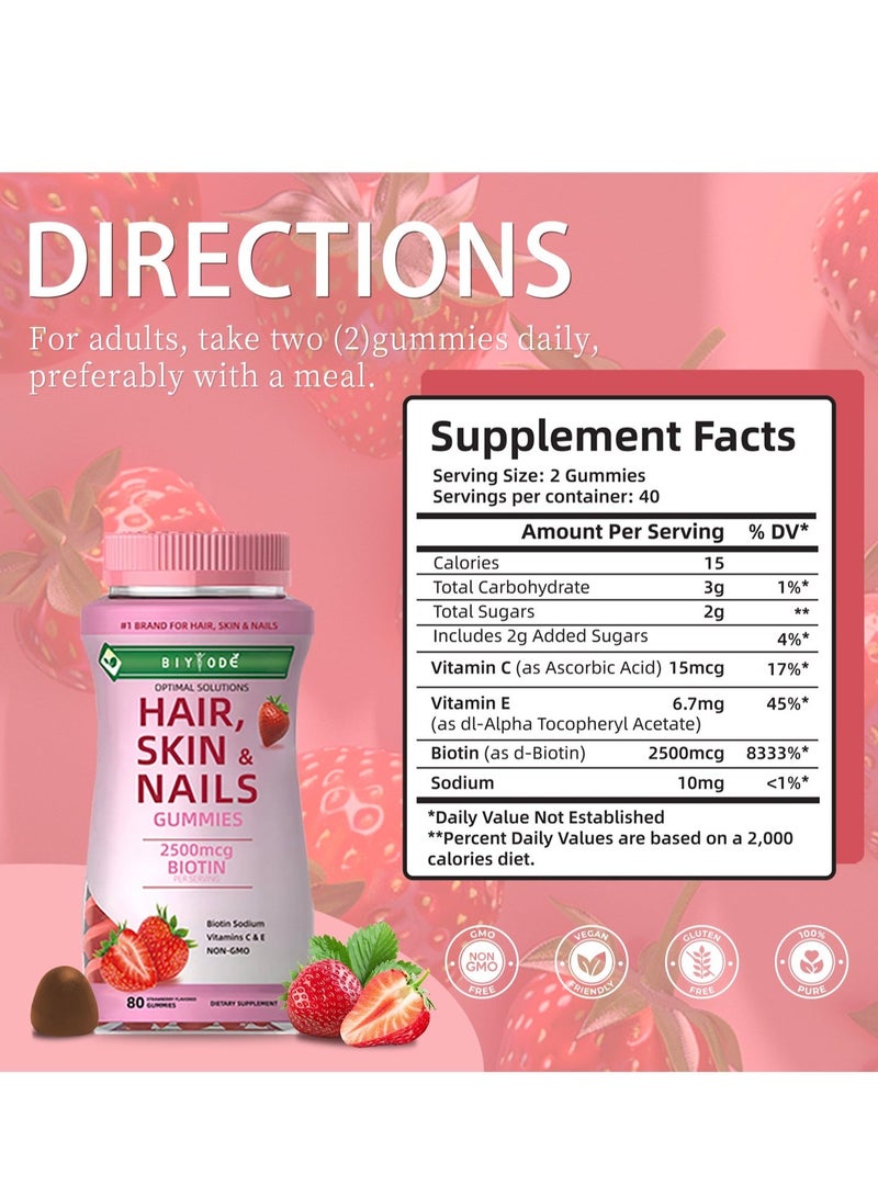 Hair Skin & Nails Gummies - Strawberry Flavored Multivitamin for Stronger Hair, Glowing Skin & Healthy Nails - 80 Vegan Gummy Vitamins