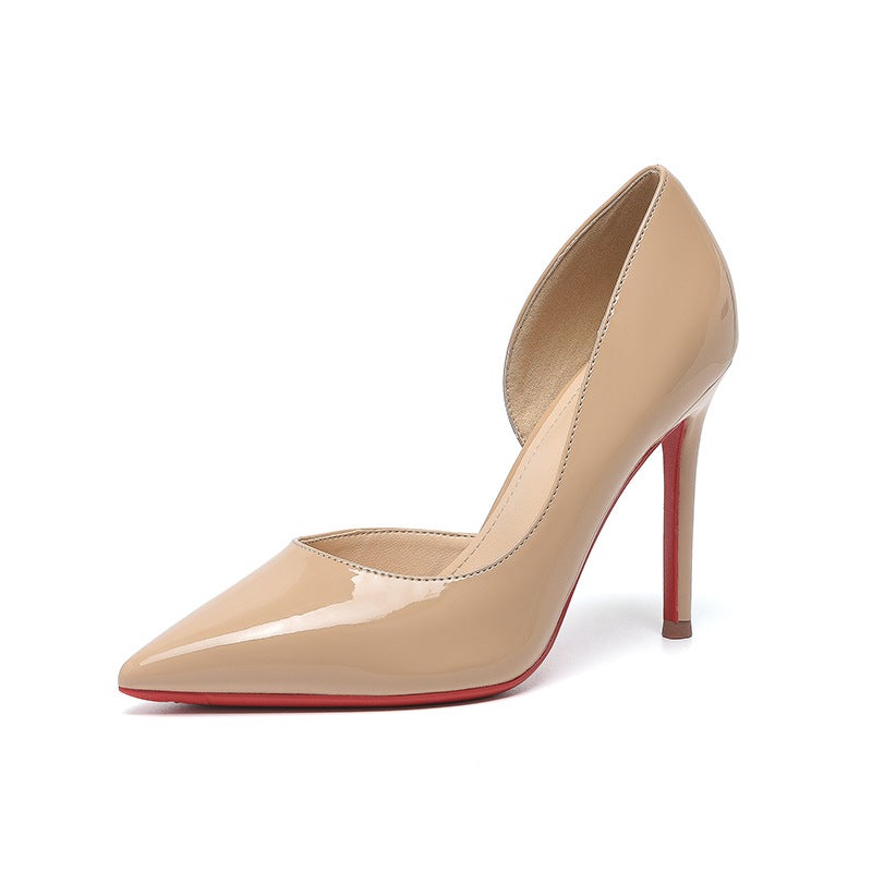 Side Hollow Nude High Heels For Women Girls French Stiletto Heels Versatile Pointed Toe Popular Patent Leather Shoes - Image 1