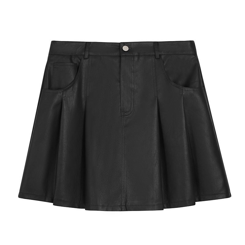 Korean High-Waist Pleather A-Line Skirt Plus Size Autumn Winter Black  - Image 1