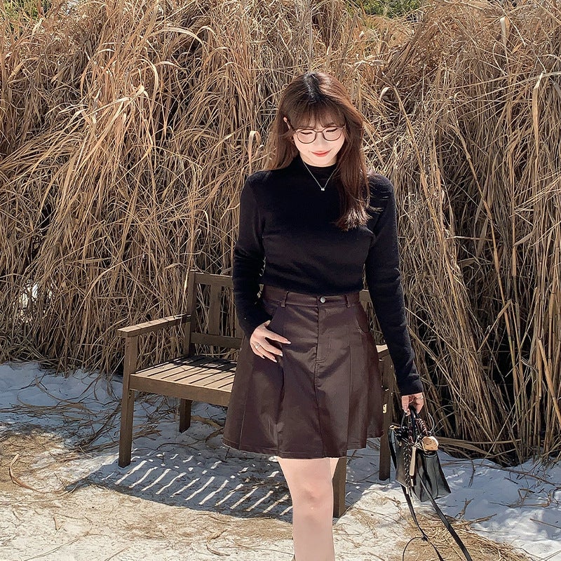 Korean High-Waist Pleather A-Line Skirt Plus Size Autumn Winter Black  - Image 5