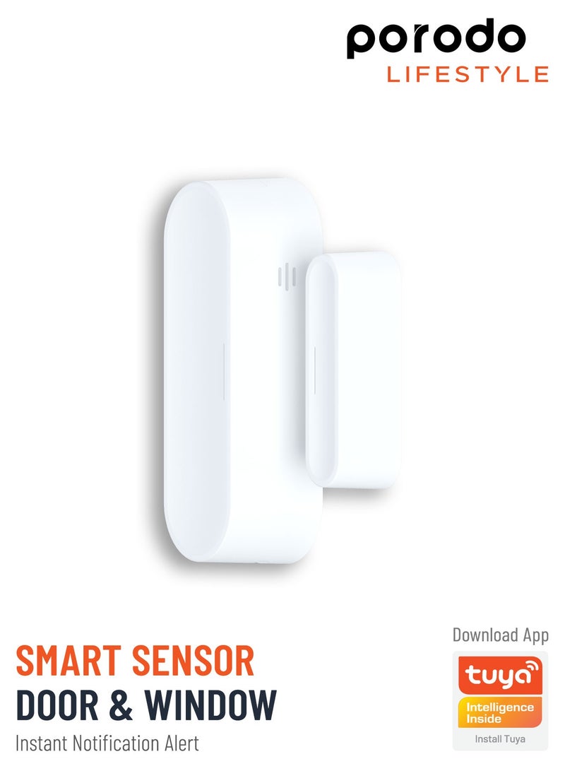 porodo Smart Sensor with Door & Window / Voice Assistant / Quick Installation / Detect Intrusions / WiFi Range 45m / Battery Life 3500 Times Per Year - White  - Image 1