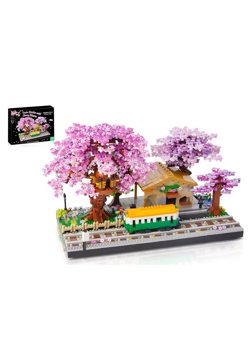 Mini Cherry Blossom Train Station Building Blocks Set, Sakura Botanical Collection Building Set for Adults, 14+ Teens, Home Decor Accessories, 3668 Pcs  - Image 1
