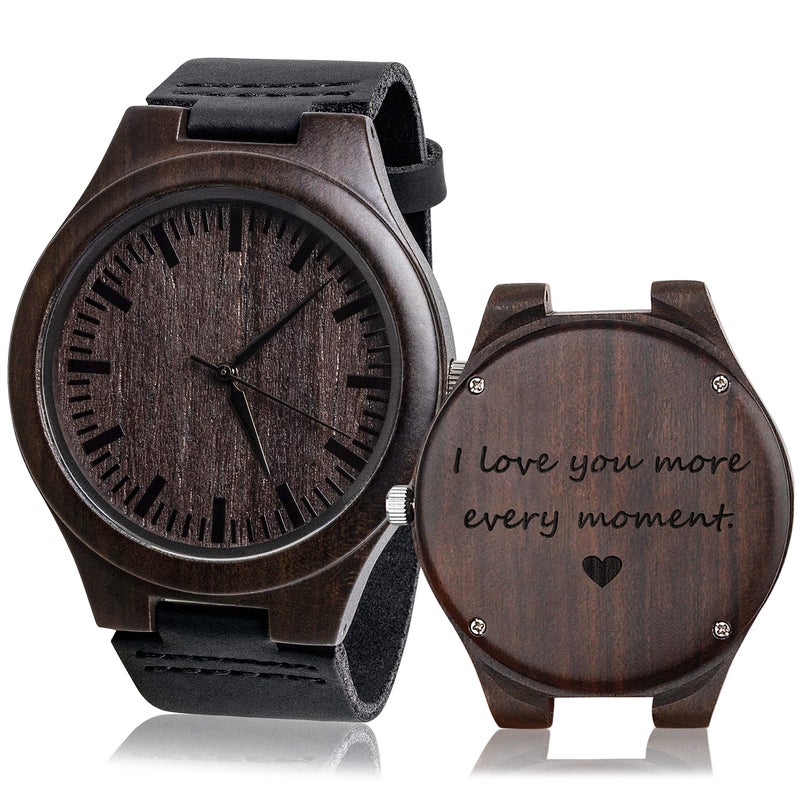 Fodiyaer Engraved Wood Watch for Men Boyfriend Husband Him As Personalized Anniversary Christmas Birthday Father Day Wooden Gifts Idea, Brown, I Love You More Every Moment - Image 1