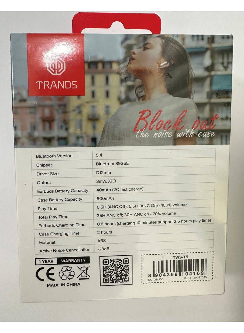 Trands Dual Noise Cancellation Wireless Earbuds model: TWS-T5 - White - Image 3