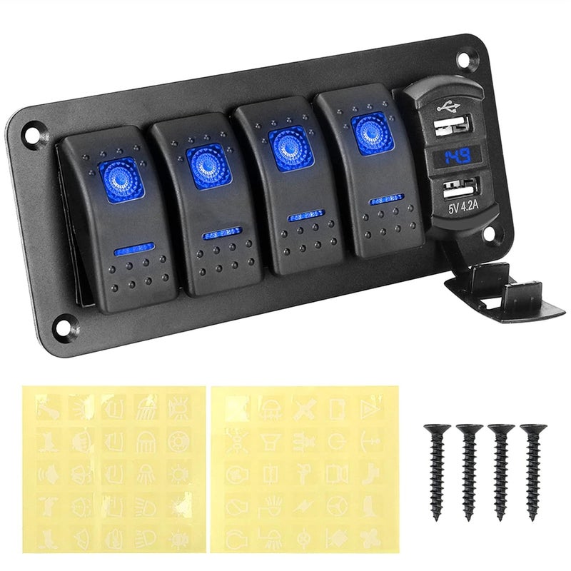 Wivplex 12V 24V Dual USB Port 4 Gang Toggle Rocker Switch Panel - Image 1
