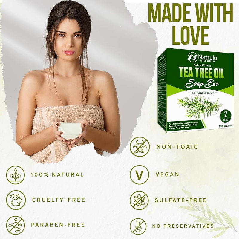 Natrulo Tea Tree Oil Soap Bar for Face Body 4oz All Natural Remedy Skin Cleanser Pure Essential Oil Infused Skincare Cleansing Soap for Dirt Acne Tea Tree Face Body Wash Made in USA - Image 3