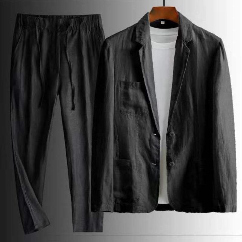 Linen Blazer Suit Set for Men Casual Lightweight Summer Fashion Two-Piece Outfit - Image 2