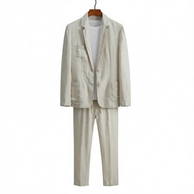 Linen Blazer Suit Set for Men Casual Lightweight Summer Fashion Two-Piece Outfit - Image 1