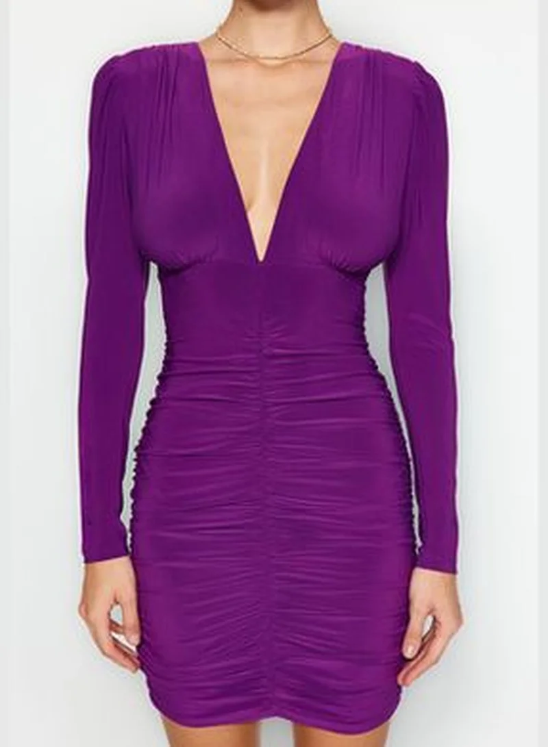 trendyol Purple Draped V-Neck Fitted/Slee-Down, Stretchy Mini Knit Dress TWOAW24EL00817