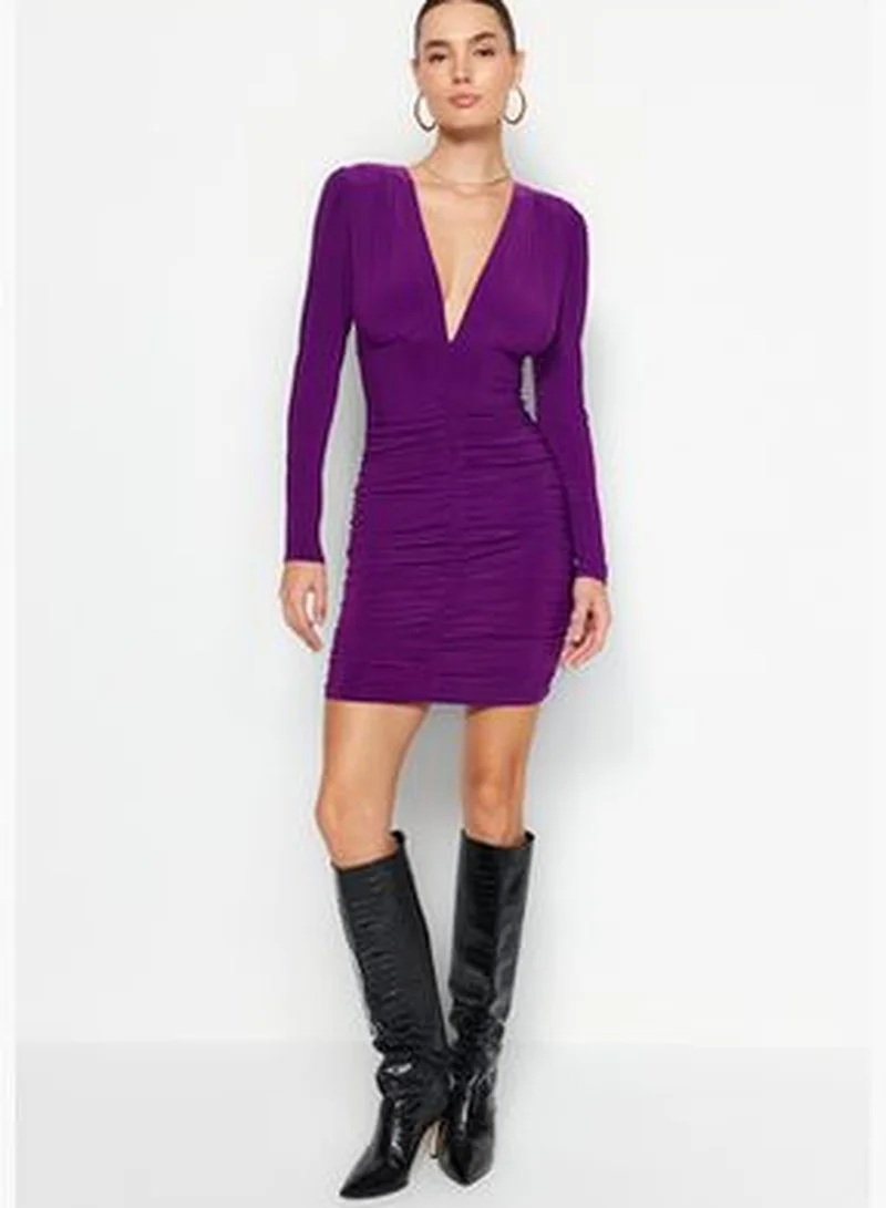 trendyol Purple Draped V-Neck Fitted/Slee-Down, Stretchy Mini Knit Dress TWOAW24EL00817