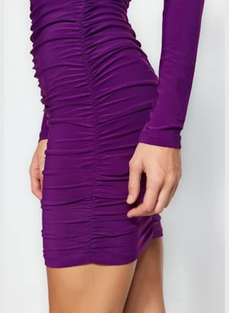 trendyol Purple Draped V-Neck Fitted/Slee-Down, Stretchy Mini Knit Dress TWOAW24EL00817
