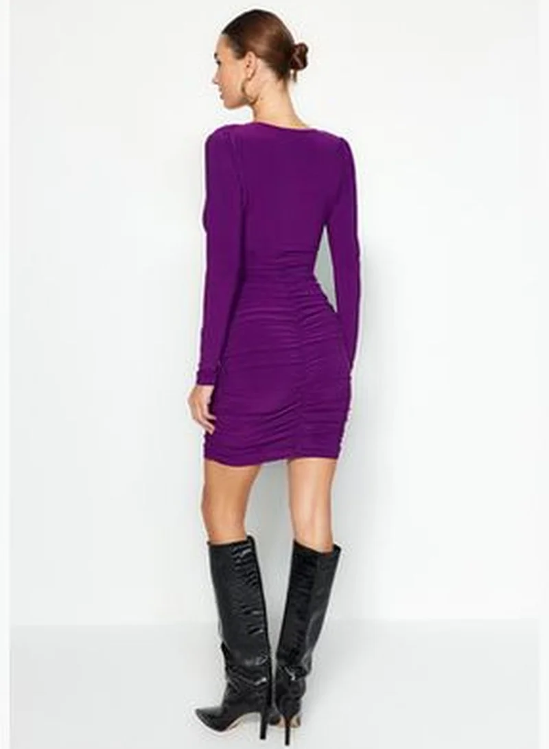 trendyol Purple Draped V-Neck Fitted/Slee-Down, Stretchy Mini Knit Dress TWOAW24EL00817