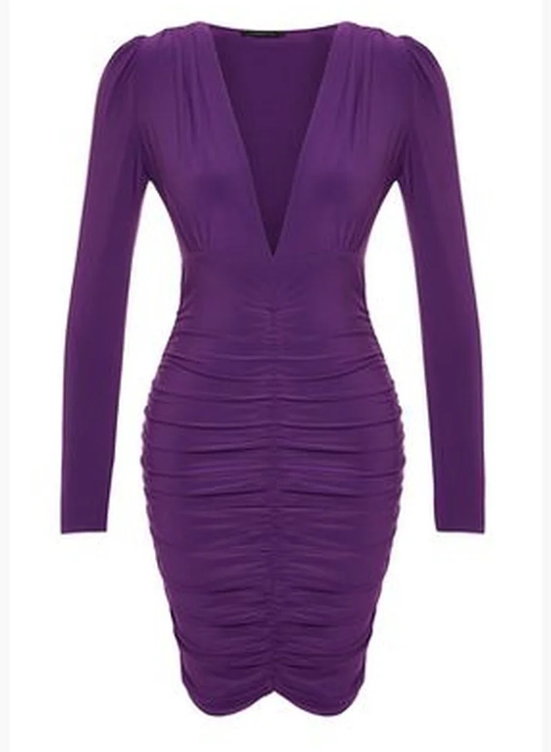 trendyol Purple Draped V-Neck Fitted/Slee-Down, Stretchy Mini Knit Dress TWOAW24EL00817