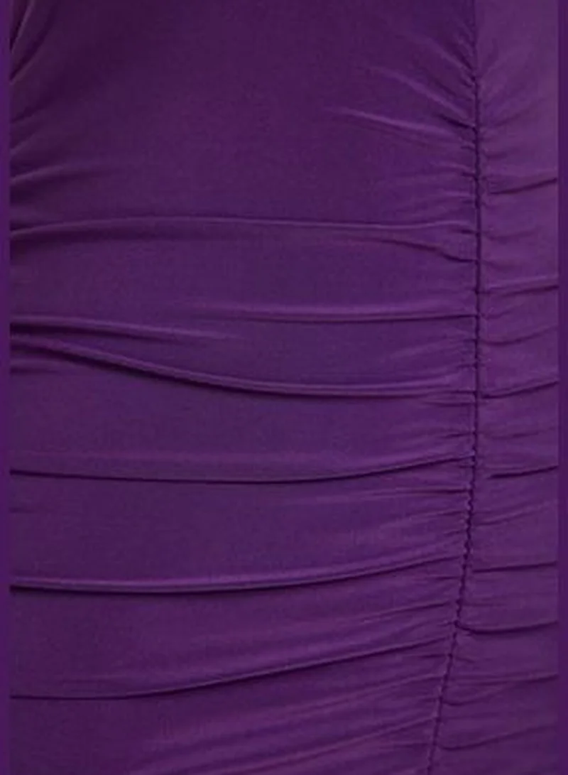trendyol Purple Draped V-Neck Fitted/Slee-Down, Stretchy Mini Knit Dress TWOAW24EL00817