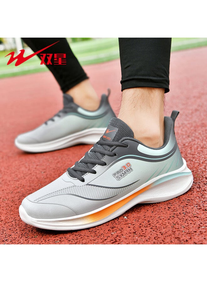 Shuangxing Men's Sports Shoes Soft Sole Wear-resistant Water-repellent Leather Running Shoes Shock Absorption Outdoor Casual Shoes Gray Green Size 41